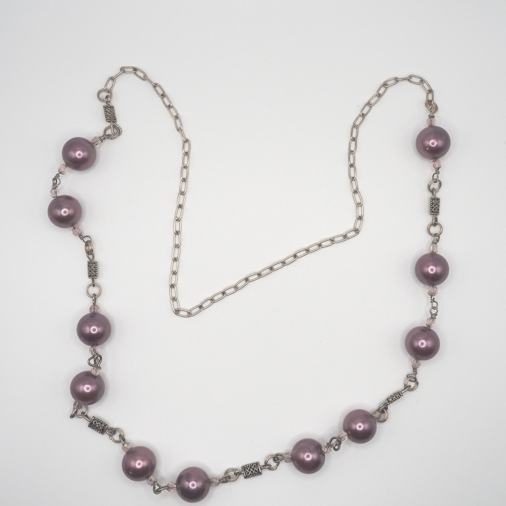 Vintage Necklace Silver Tone Celtic Knot Spacer Shimmer Purple Bead Opera Long